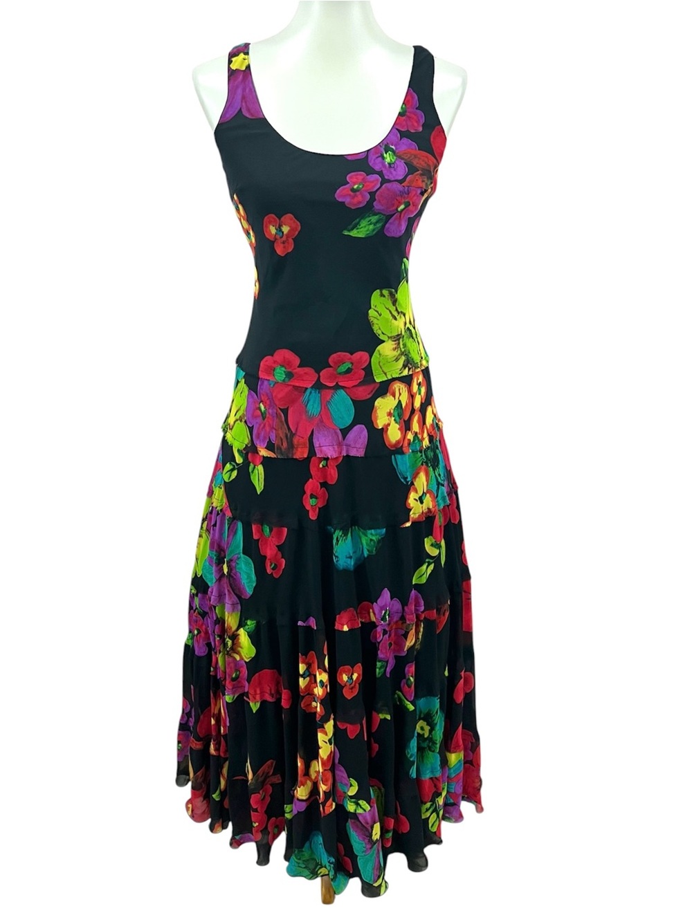 Vintage 90’s Y2K Bright Floral Tiered Boho Fringe Sleeveless Maxi Dress